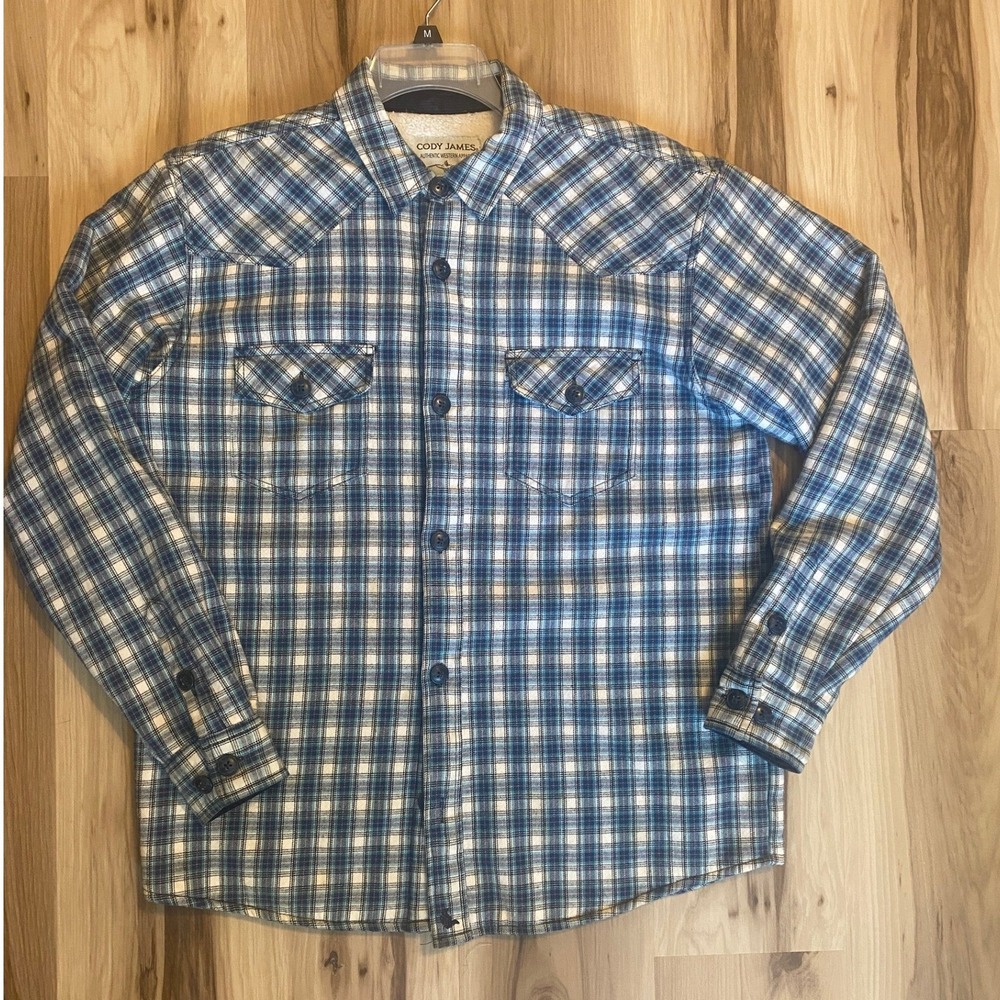 Cody James Mens Blue Plaid Sherpa Lined Flannel Western Shirt Jacket Size Large